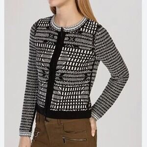 Karen Millen Vintage Black White Geometric Knit Zip Up Jacket Sweater Women Sz 4